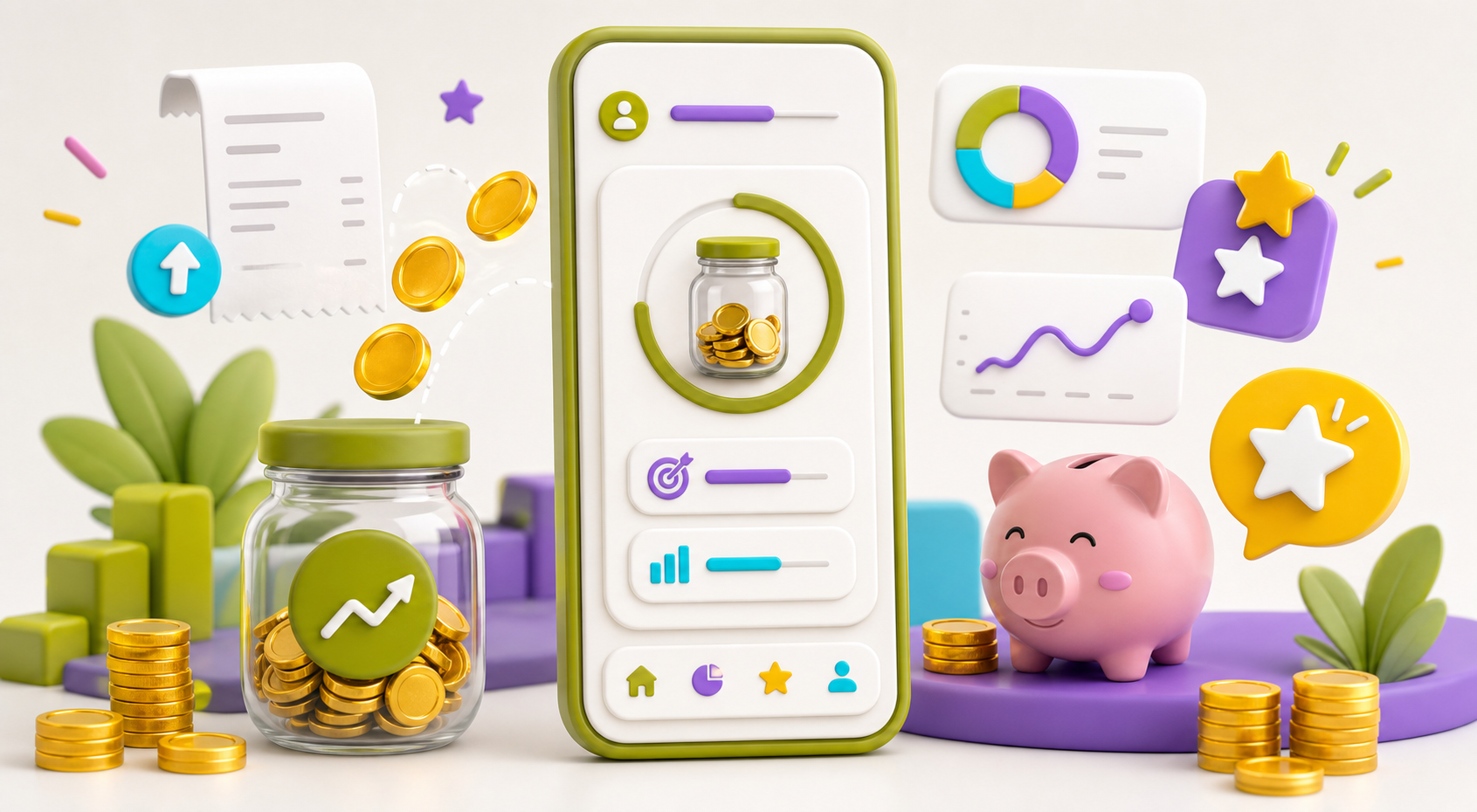 Round-up investing app concept with coins and rewards